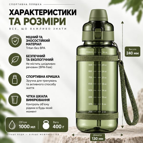 Зручна спортивна пляшка із соломинкою 1000 мл із тритану зелена
