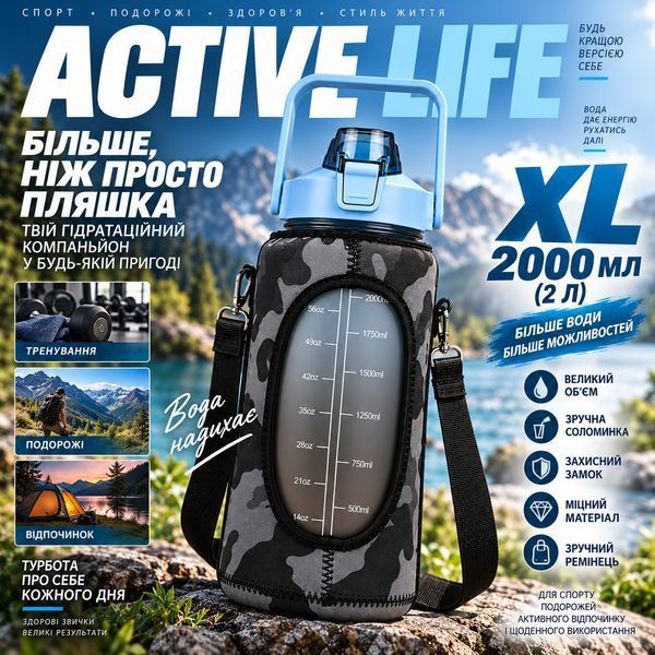 Спортивна пляшка для води XL (2000 мл) у захисному чохлі-камуфляж &mdash; Блакитна 0-025 фото