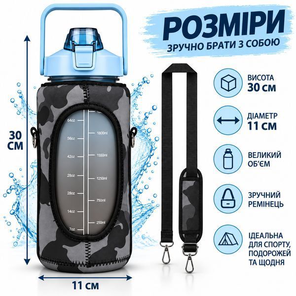 Спортивна пляшка для води XL (2000 мл) у захисному чохлі-камуфляж &mdash; Блакитна 0-025 фото