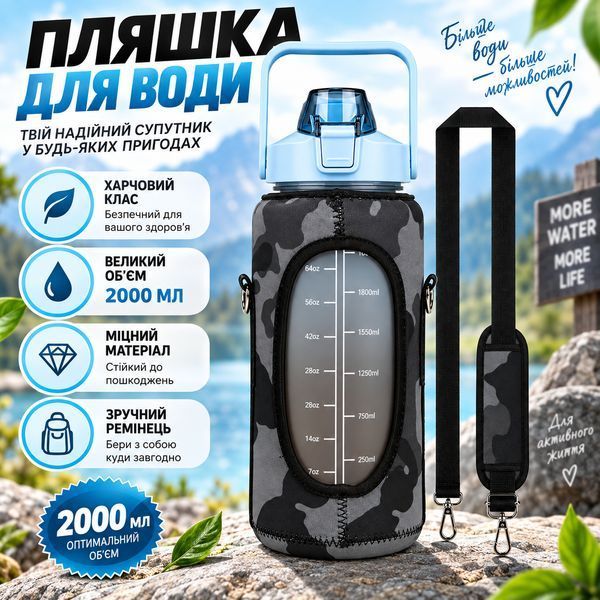 Спортивна пляшка для води XL (2000 мл) у захисному чохлі-камуфляж &mdash; Блакитна 0-025 фото
