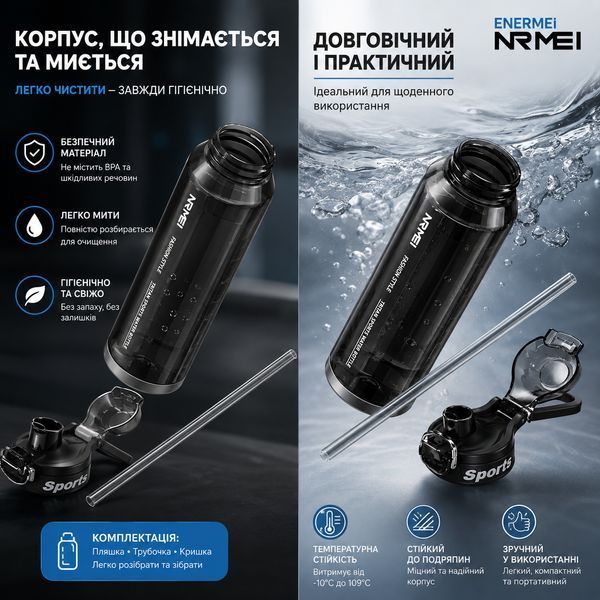 Спортивна пляшка для води NRMEI 1500 мл з тритану, з трубочкою та подвійним способом пиття, герметична, з ручкою, чорна 0-517 фото