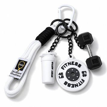Яскравий брелок Fitness 4-в-1 для ключів і сумки &mdash; гантеля 10KG, шейкер, диск та ремінець із карабіном, білий 0-520 фото