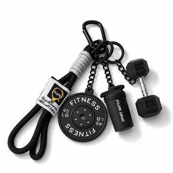 Яскравий брелок Fitness 4-в-1 для ключів та сумки - гантеля 10KG, шейкер, диск та ремінець з карабіном, чорний 0-521 фото