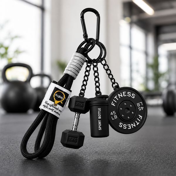 Яскравий брелок Fitness 4-в-1 для ключів та сумки - гантеля 10KG, шейкер, диск та ремінець з карабіном, чорний 0-521 фото