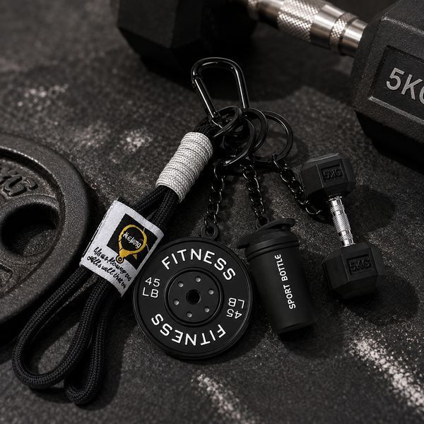 Яскравий брелок Fitness 4-в-1 для ключів та сумки - гантеля 10KG, шейкер, диск та ремінець з карабіном, чорний 0-521 фото