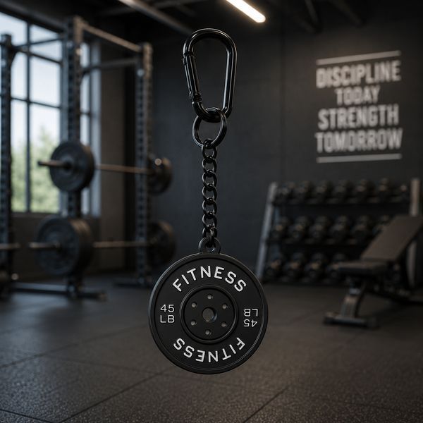Яскравий брелок Fitness 4-в-1 для ключів та сумки - гантеля 10KG, шейкер, диск та ремінець з карабіном, чорний 0-521 фото