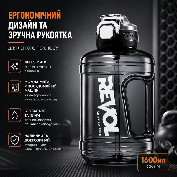 Зручна пляшка Revol для води 1600 мл чорного кольору із захистом від протікання