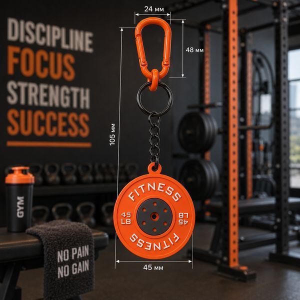 Яскравий брелок Fitness 4-в-1 для ключів і сумки &mdash; гантеля 10KG, шейкер, диск та ремінець із карабіном, помаранчевий 0-522 фото