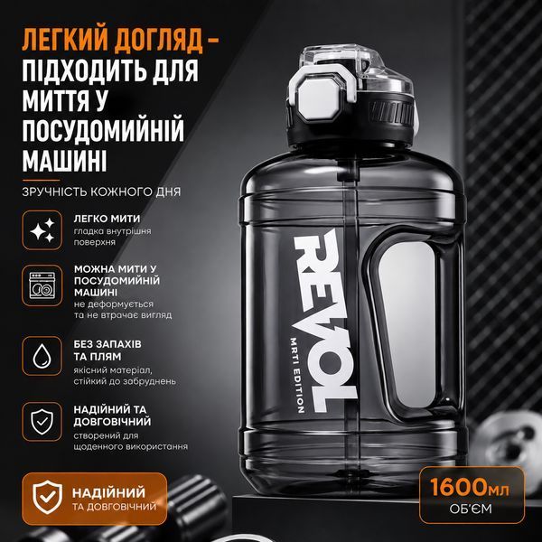 Зручна пляшка Revol для води 1600 мл чорного кольору із захистом від протікання