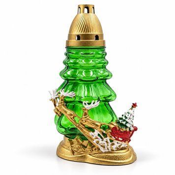 New Year's candlestick-lantern "Santa's Fairytale Train", 28x16 cm (Green glass, LED backlight)