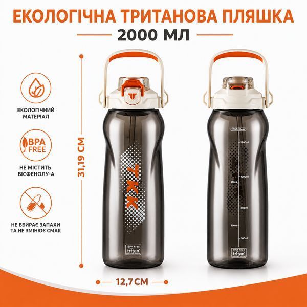Пляшка TKK 2000 мл &mdash; Біла Tritan BPA-free, ударостійка, спортивна з практичним ремінцем 0-276 фото