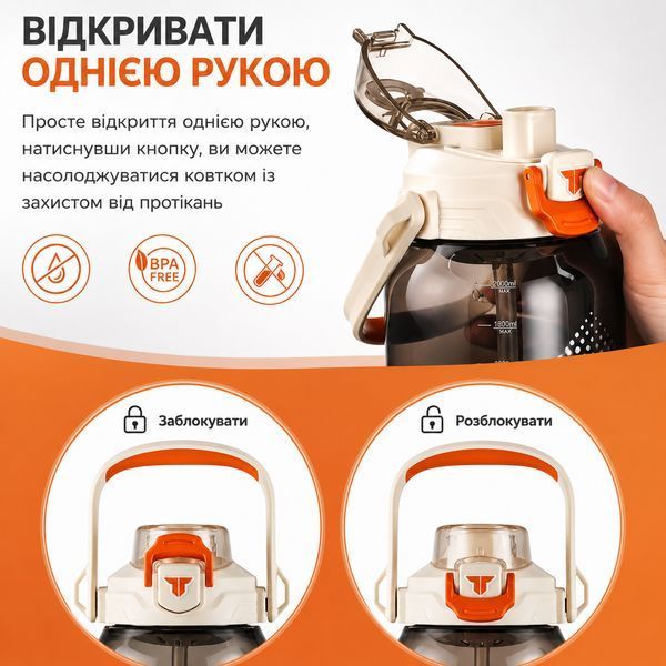 Пляшка TKK 2000 мл &mdash; Біла Tritan BPA-free, ударостійка, спортивна з практичним ремінцем 0-276 фото