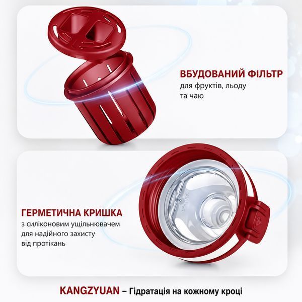 Спортивна пляшка KANGZYUAN 1000 мл (1 л) &mdash; Червона Tritan BPA-free, ударостійка еко-пляшка з трубочкою та ремінцем