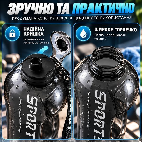 Спортивна пляшка для води SPORTS (1700 мл) &mdash; Чорний глянець, герметична кришка та ергономічна ручка