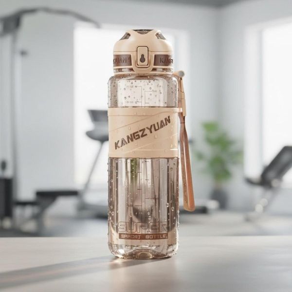 Спортивна пляшка KANGZYUAN 1000 мл (1 л) &mdash; Коричнева Tritan BPA-free, ударостійка еко-пляшка з трубочкою та ремінцем