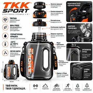 Пляшка TKK 1000 мл &mdash; Чорна Tritan BPA-free, ударостійка, спортивна з герметичною кришкою