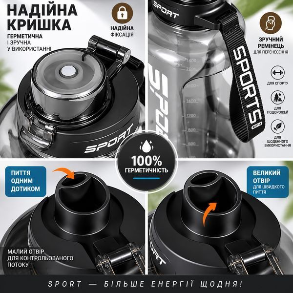 Black SPORT water bottle 1700 ml with a straw and a stylish design made of safe plastic