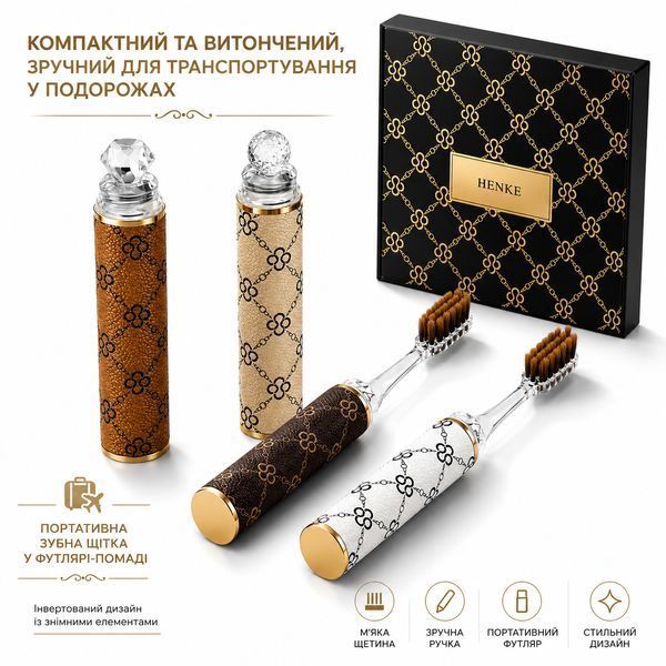Подарунковий набір дорожніх зубних щіток HENKE (4 шт.) &mdash; елітна розбірна щітка у футлярі-помаді з екошкіри, м'яка густа щетина 0-495 фото