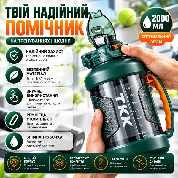 Спортивна пляшка TKK (2000 мл) &mdash; Зелений матовий Tritan BPA-free, з ергономічною ручкою та клапаном