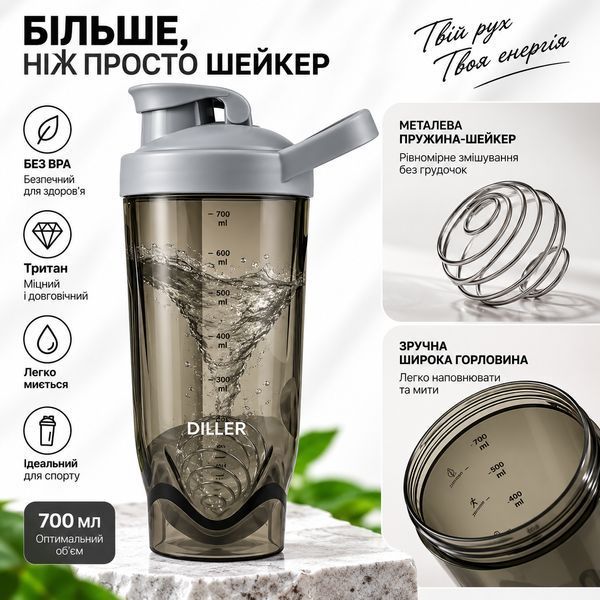 Серый тритановый шейкер Diller Bottle 700 мл с шариком для эффективного смешивания напитков 0-410 фото