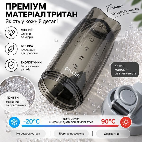 Серый тритановый шейкер Diller Bottle 700 мл с шариком для эффективного смешивания напитков 0-410 фото
