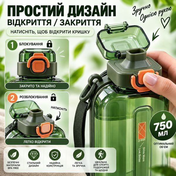 Спортивна пляшка для води SPORT (750 мл) &mdash; BPA-free пластик, зелена