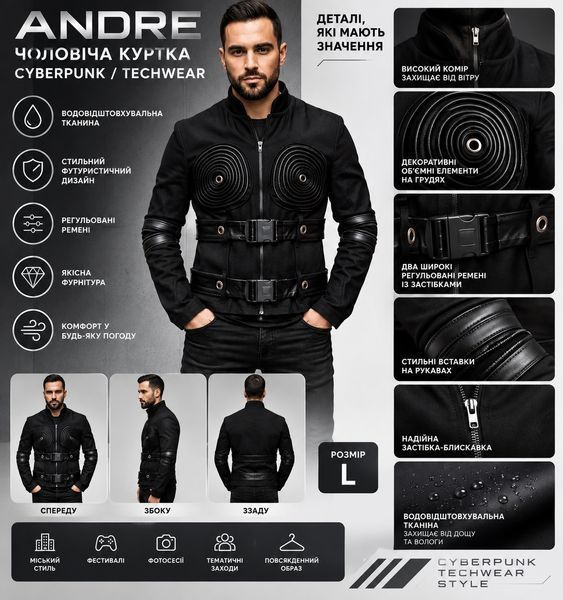 Чоловіча куртка ANDRE в стилі Cyberpunk / Techwear &mdash; Чорна, Розмір L (Водовідштовхувальна) 0-006/1 фото