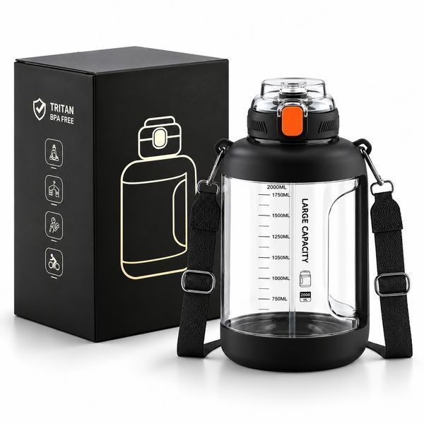 Lightweight Tritan bottle 2200 ml with comfortable handle and wide mouth, black