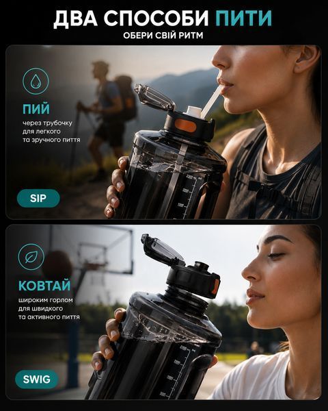 Спортивна пляшка TKK 2300 мл (2.3 л) &mdash; Чорний Tritan BPA-free, ударостійка еко-пляшка з ручкою та клапаном