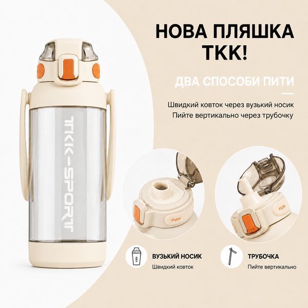 Пляшка TKK 1400 мл &mdash; Біла Tritan BPA-free, ударостійка, спортивна з подвійною системою перенесення