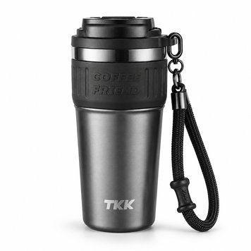 TerraFlow Coffee 630ml dark gray thermal mug with strap and dual drinking method
