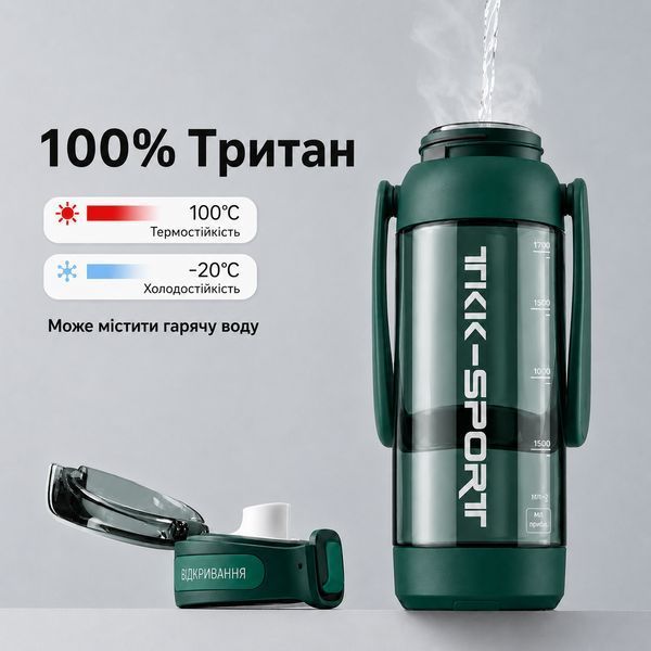 Пляшка TKK 1400 мл &mdash; Зелена Tritan BPA-free, ударостійка, спортивна з подвійною системою перенесення