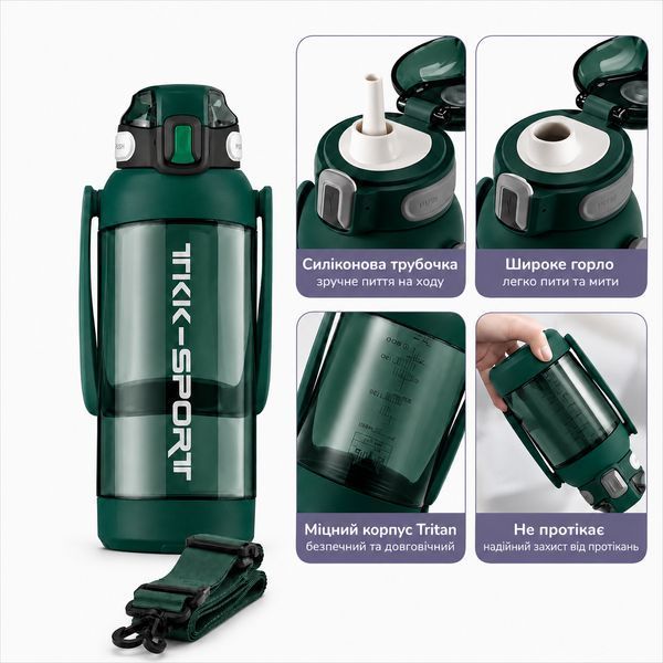 Пляшка TKK 1400 мл &mdash; Зелена Tritan BPA-free, ударостійка, спортивна з подвійною системою перенесення