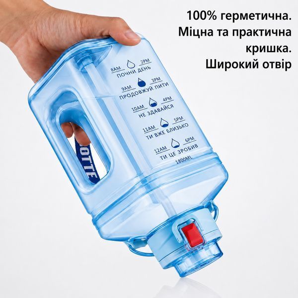 Пляшка для води 2200 мл &mdash; Блакитна BPA-free, з маркерами часу та посиленою ручкою