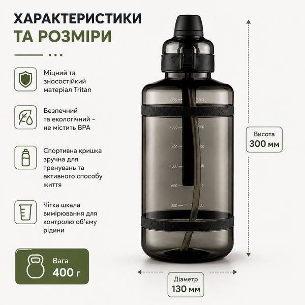 Зручна спортивна пляшка із соломинкою 2500 мл із тритану чорна