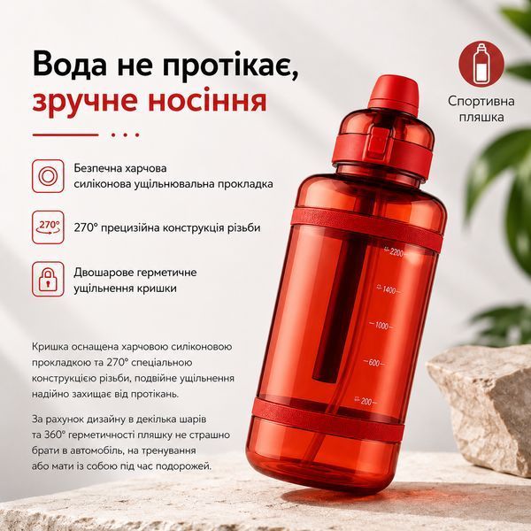Зручна спортивна пляшка із соломинкою 2500 мл із тритану червона