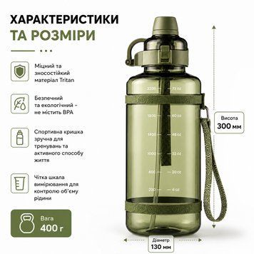Зручна спортивна пляшка із соломинкою 2500 мл із тритану зелена