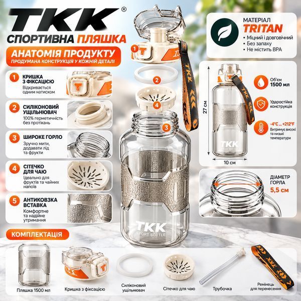 Спортивна пляшка TKK 1500 мл (1.5 л) &mdash; Біла Tritan BPA-free, ударостійка еко-пляшка з антиковзкою вставкою 0-131 фото