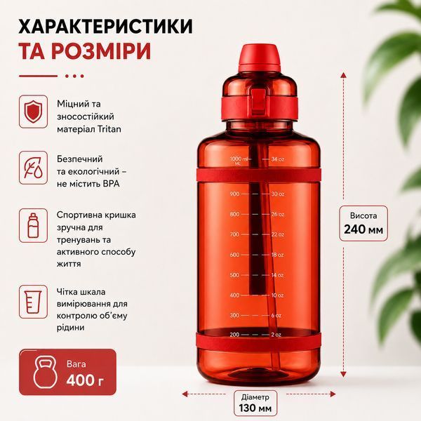 Зручна спортивна пляшка із соломинкою 1000 мл із тритану червона