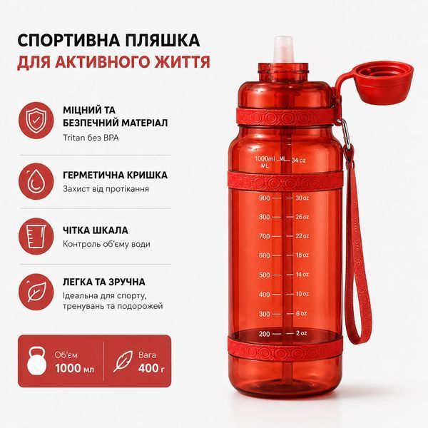 Зручна спортивна пляшка із соломинкою 1000 мл із тритану червона
