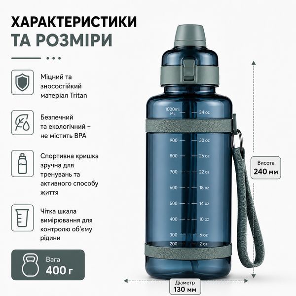 Удобная спортивная бутылка с соломинкой 1000 мл из тритана берюзовая 0-381 фото