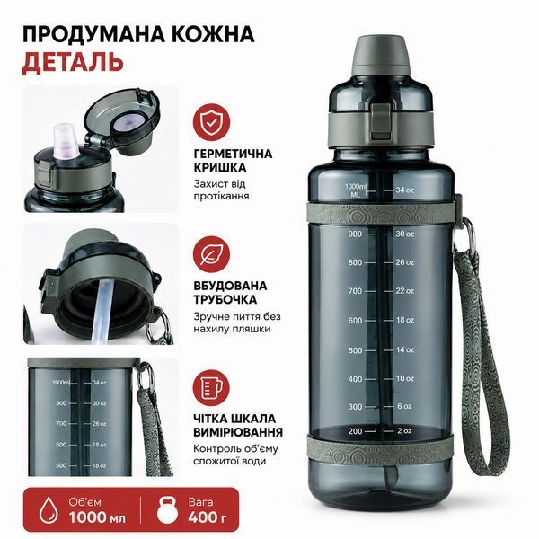 Удобная спортивная бутылка с соломинкой 1000 мл из тритана берюзовая 0-381 фото