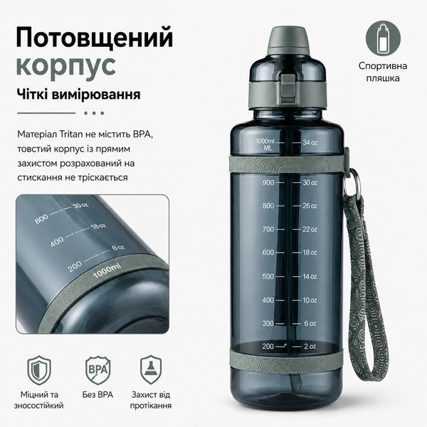 Удобная спортивная бутылка с соломинкой 1000 мл из тритана берюзовая 0-381 фото