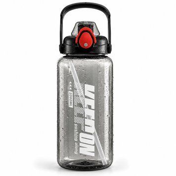 Keepon 2000 ml plastic sports bottle with airtight lid and comfortable handle, wide mouth and straw, Black