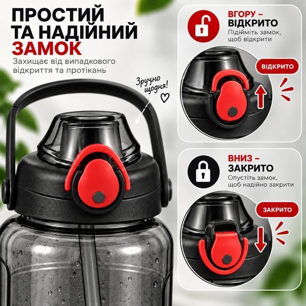 Keepon 2000 ml plastic sports bottle with airtight lid and comfortable handle, wide mouth and straw, Black