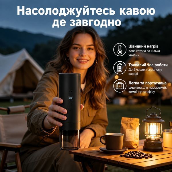 Портативна кавоварка з підігрівом 18 бар, акумулятором 7800mAh та підтримкою капсул і меленої кави, чорна 0-513 фото