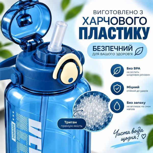 Keepon 2000 ml plastic sports bottle with airtight lid and comfortable handle, wide mouth and straw, Blue